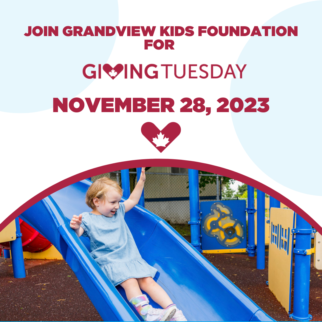 Young girl sliding down a blue slide with the title, "Join Grandview Kids Foundation for Giving Tuesday, November 28th, 2023"