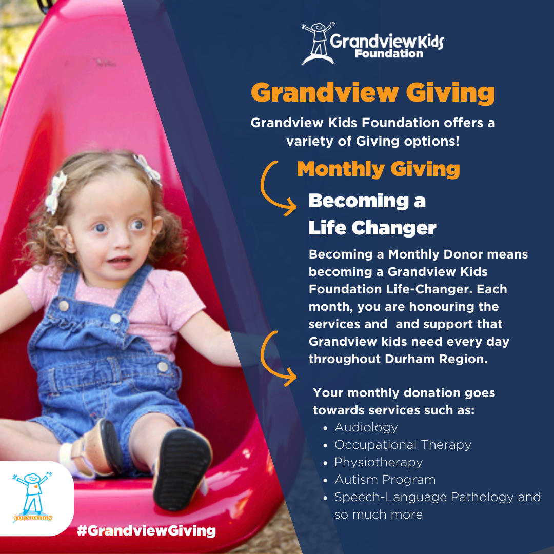Image of a child on a swing beside a monthly donor program option to support Grandview Kids